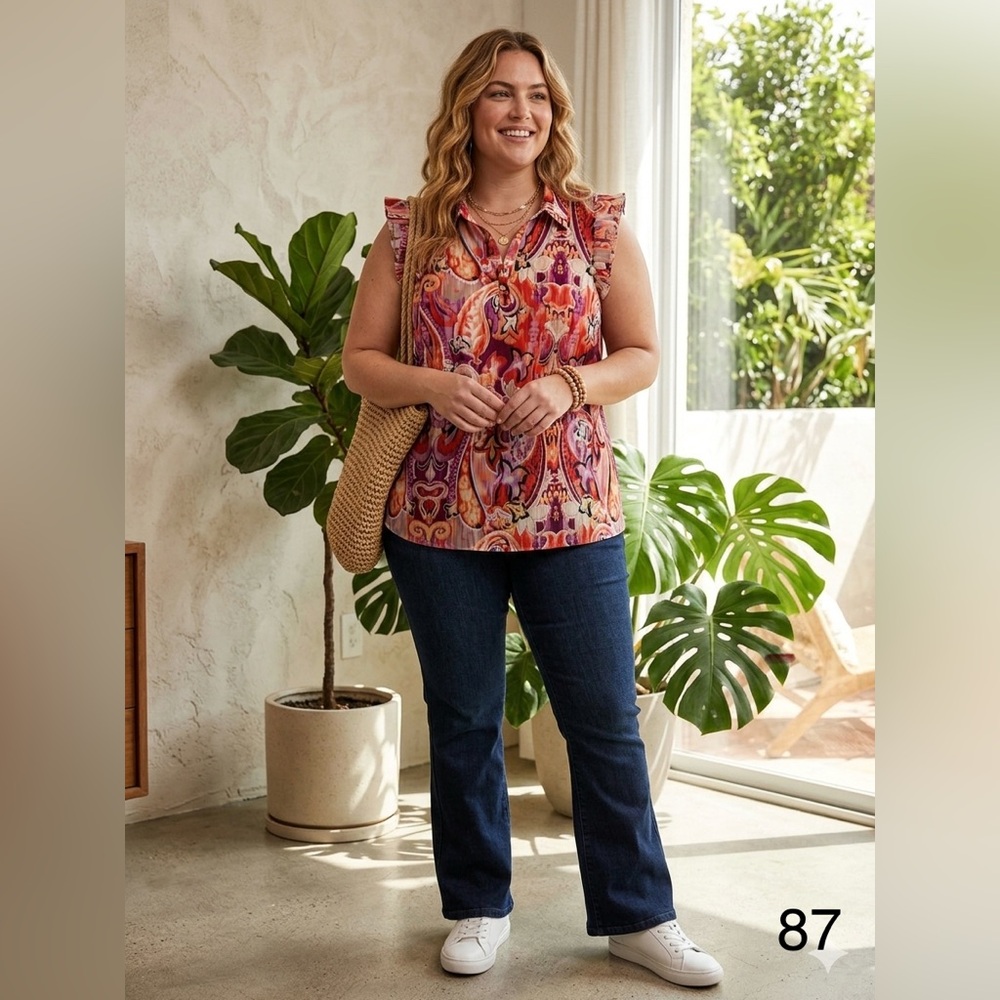 Chico's Sleeveless Ruffle Shoulder Blouse in Red, Pink and Orange Paisley